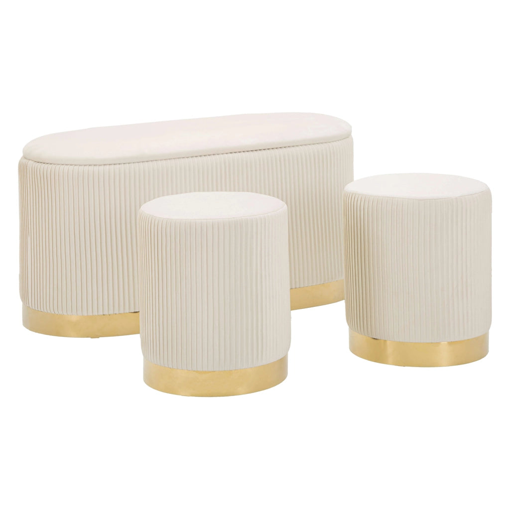 Soroti, Panca con due Sgabelli, Panca Contenitore, 80x37x42h cm Bianco Crema