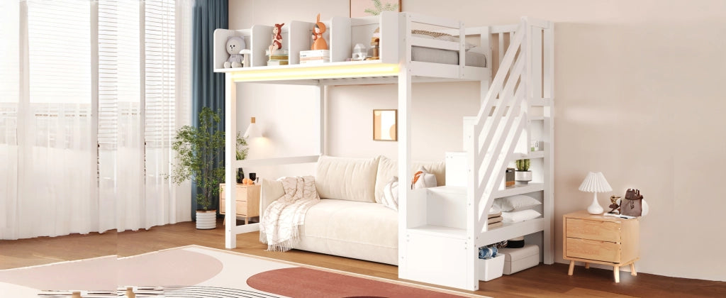 DESMIU Letto a soppalco 90 × 200 cm 1 posto con mensole, LED e scala, senza materasso, in legno, bianco