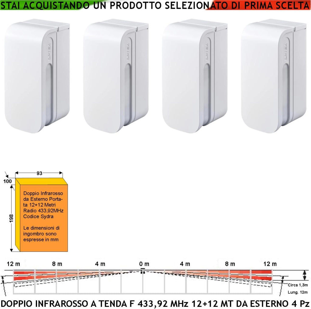 Doppio Sensore da Esterno Infrarosso a Tenda 4 Pezzi Rileva Movimento 12+12 Metri Lineari Allarme Via Radio F 433,92 MHz Anti Jamming Secur Lysa GSM Protezione Bidirezionale Impalcature Porticati IP55