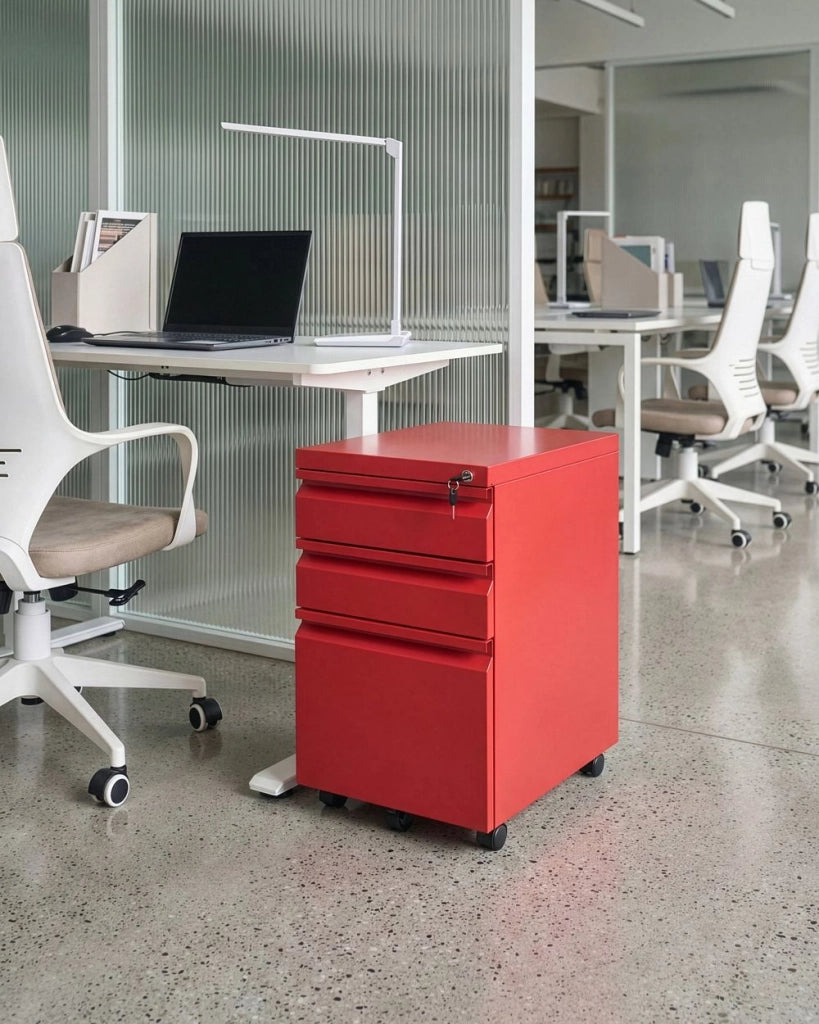 Mobile contenitore in acciaio rosso a 3 cassetti con rotelle in plastica e serratura a chiave per ufficio moderno