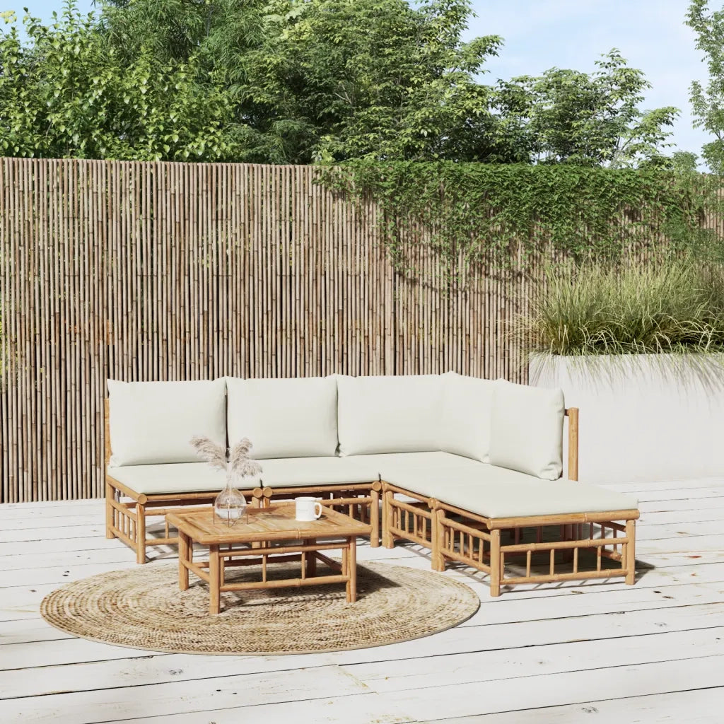 Set Salotto da Giardino 6pz con Cuscini Bianco Crema in Bambù 3155199