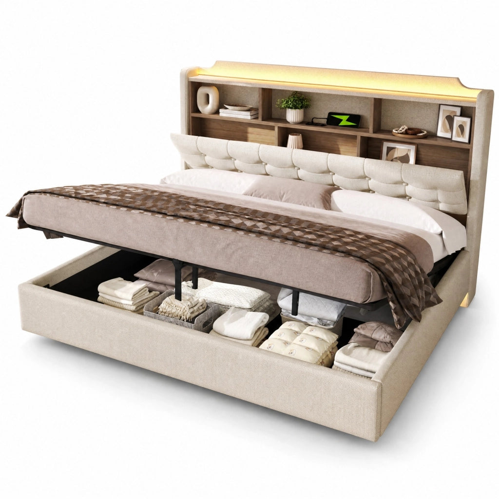 Letto contenitore matrimoniale con LED; USB; type-C e vani 180 × 200 cm; senza materasso; beige