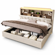 Letto contenitore matrimoniale con LED; USB; type-C e vani 180 × 200 cm; senza materasso; beige