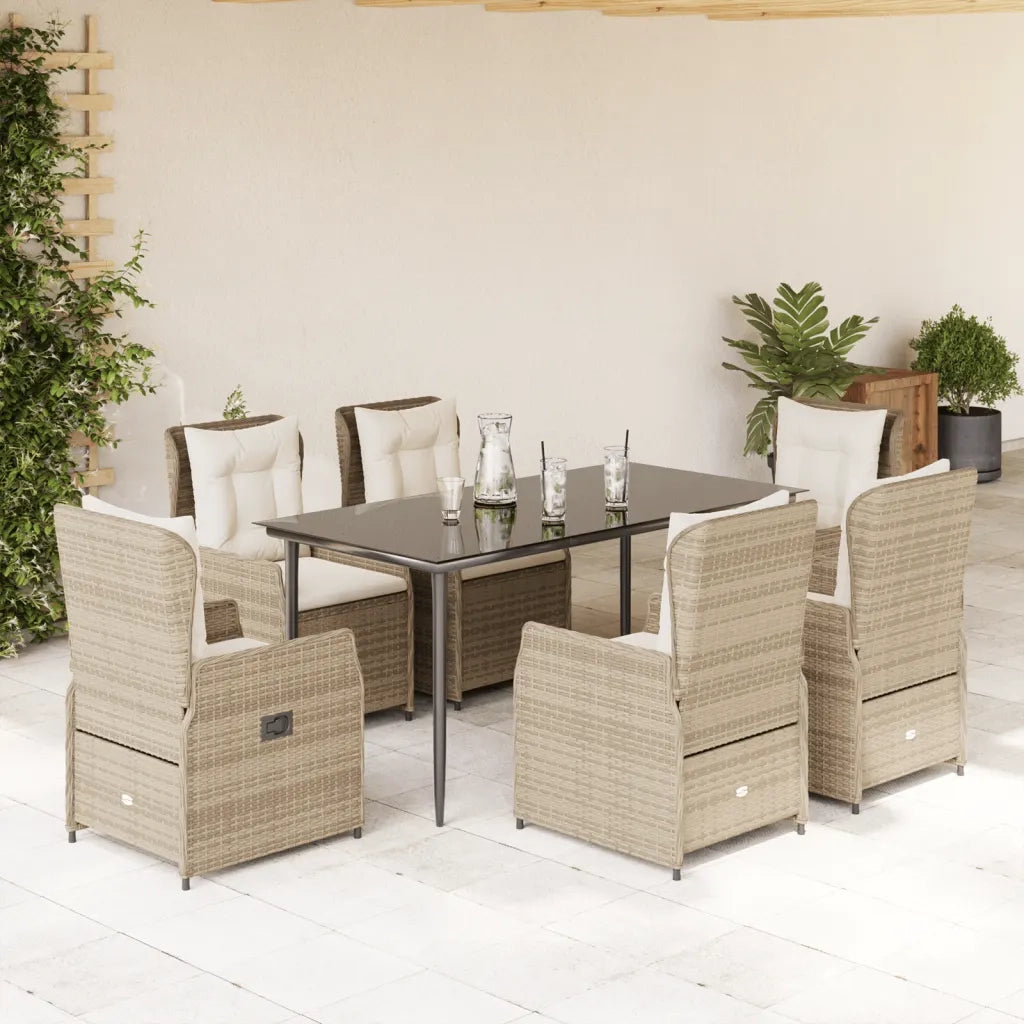 Set da Pranzo da Giardino 7 pz con Cuscini Beige in Polyrattan
