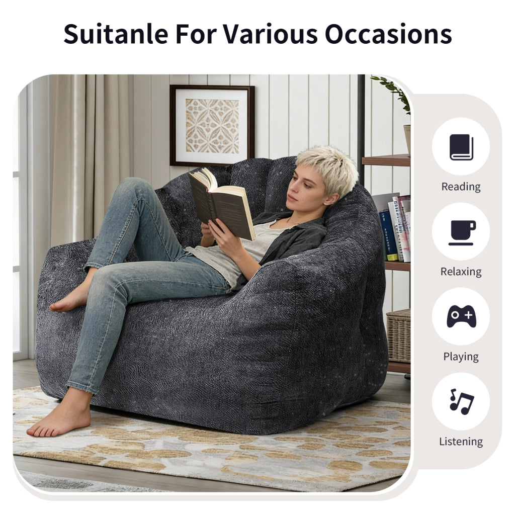 Poltrona a sacco ergonomica rotonda per relax e lettura con design avvolgente in flanella nera 49 × 40 × 28 cm