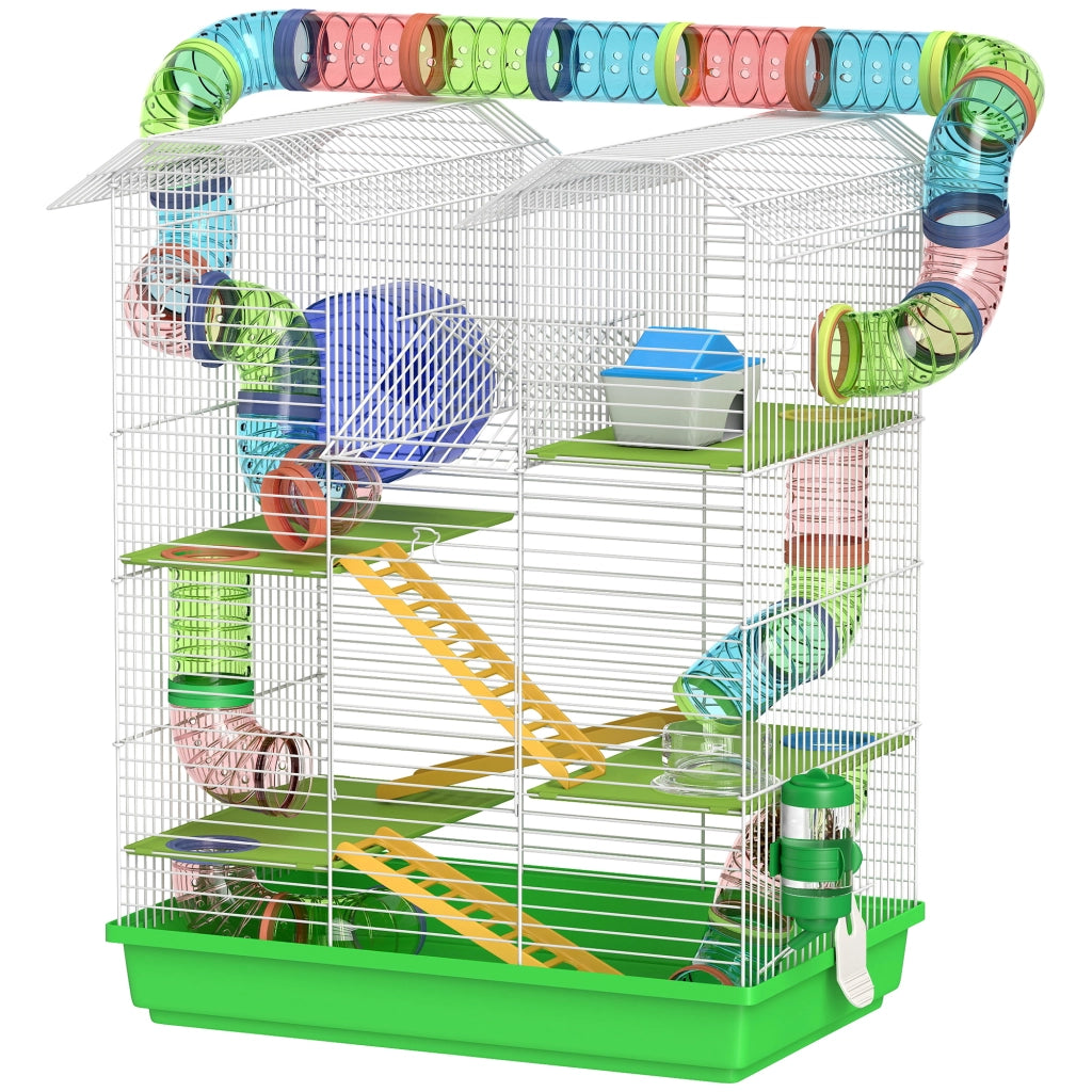 Gabbia per Criceti a 5 Piani con Tubi Colorati, Ruota, Casetta e Accessori, 47x30x59 cm, Verde