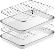 Due teglie per forno con griglia raffreddante, realizzate in acciaio inossidabile, non tossiche, durature, facili da pulire, resistenti al lavastoviglie, adatte per la grigliatura e la raffreddatura di alimenti. 26,5*20,5*2,5cm