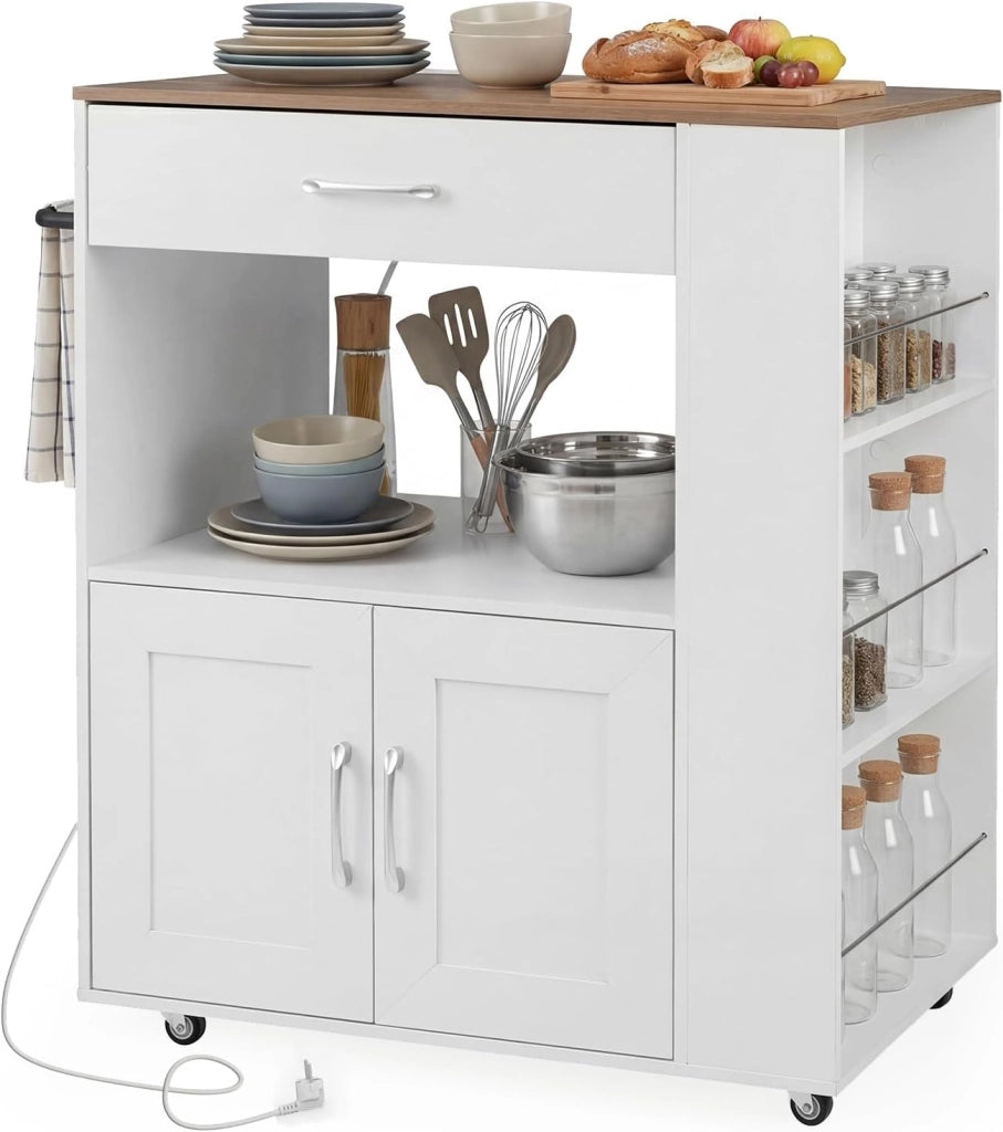 Carrello da Cucina Mobile su Ruote, Isola da Cucina con Piano di Lavoro, Struttura in Legno, Cassetto e 3 Ripiani