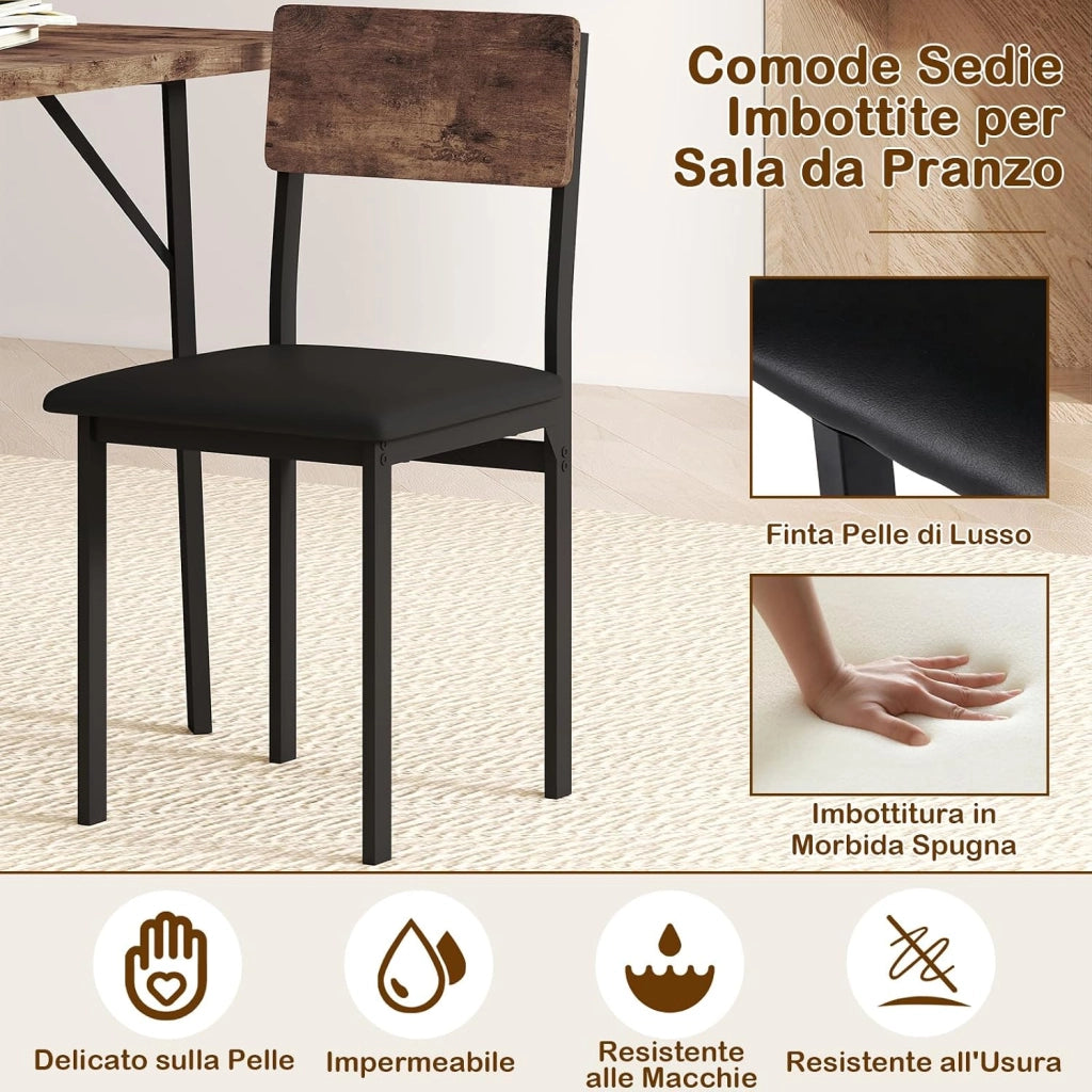 Set da Pranzo 5 Pezzi per 4 Persone, Tavolo da Cucina Industriale e 4 Sedie Imbottite in Pelle Finta con Gambe in Metallo, Set da Pranzo Salvaspazio per Piccoli Appartamenti e Angolo
