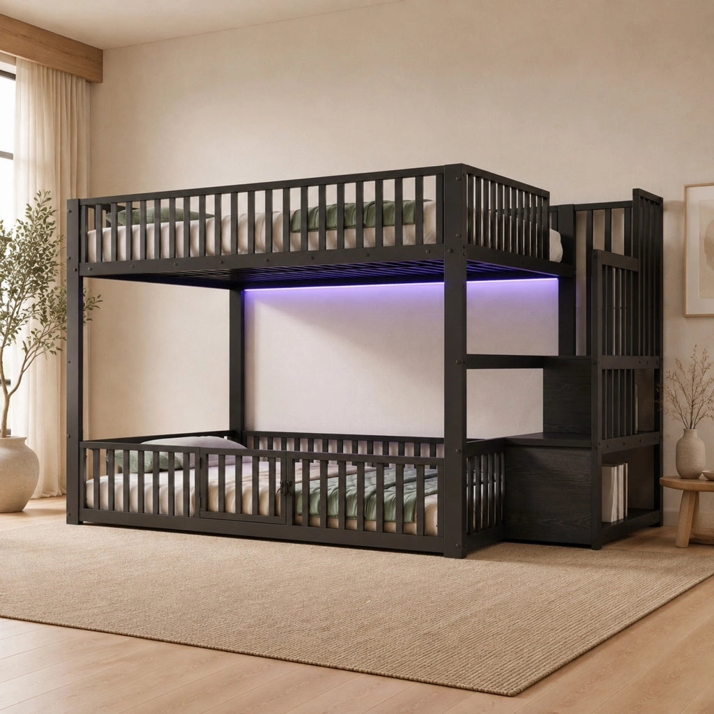 Letto a castello due posti 140 × 200 cm con scala contenitore LED in metallo e MDF nero