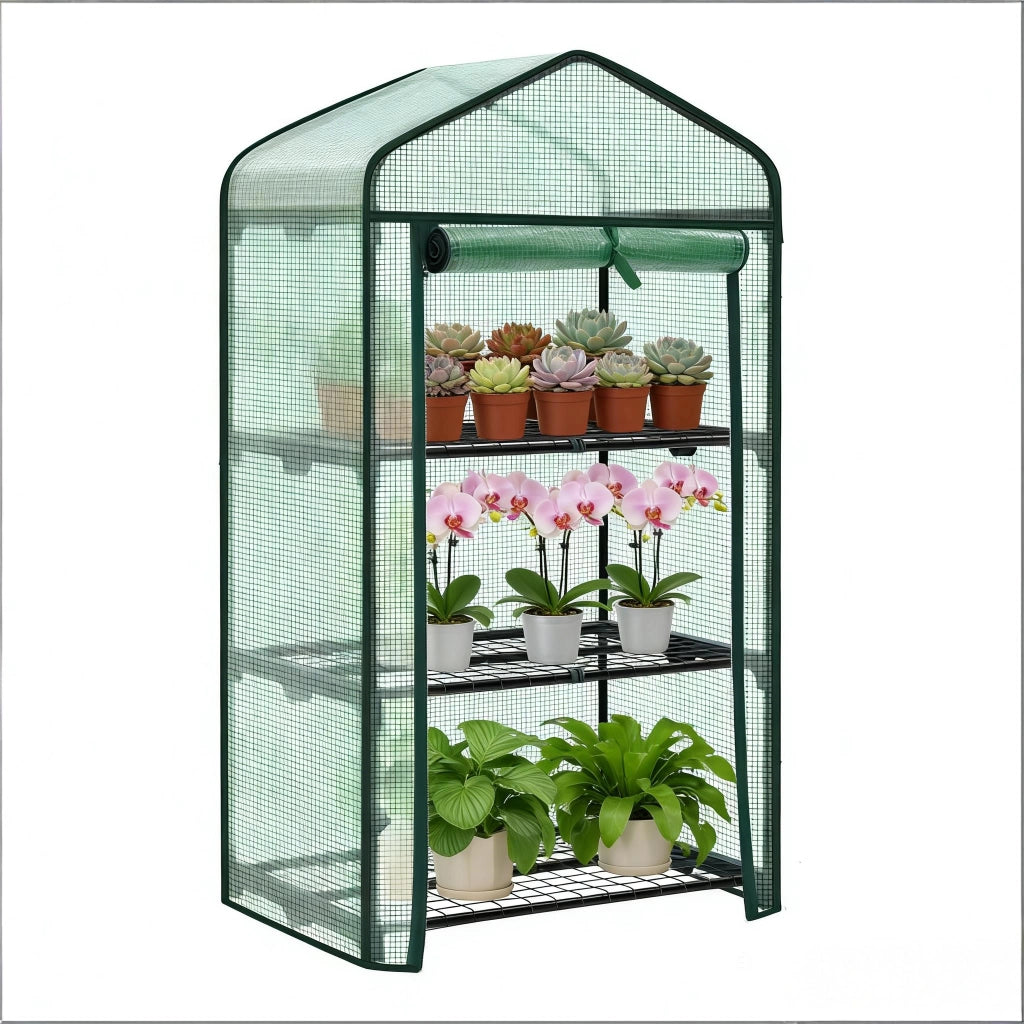 Serra a tunnel con porta avvolgibile e 3 ripiani in rete, struttura in metallo e PE verde 69 × 49 × 125 cm