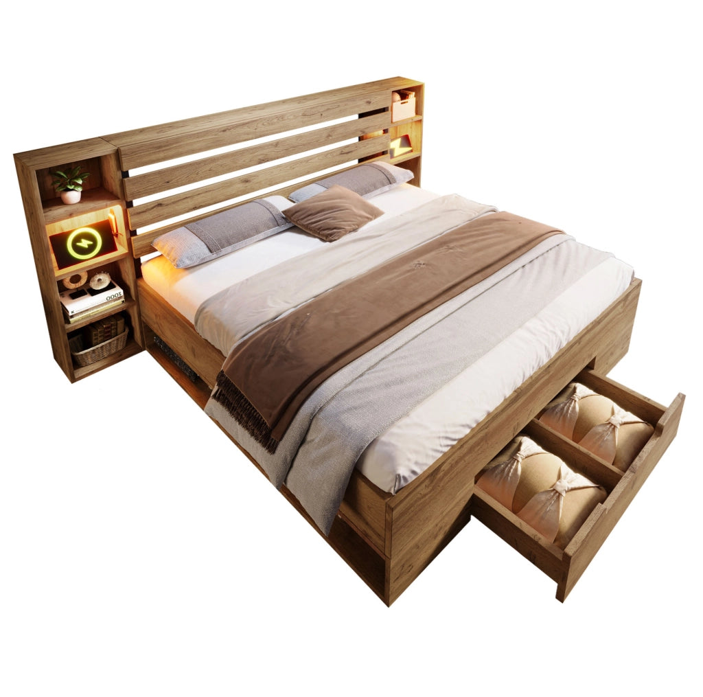 Letto matrimoniale 160x200 cm in legno e metallo; con LED; prese USB e Type-C; finitura rovere