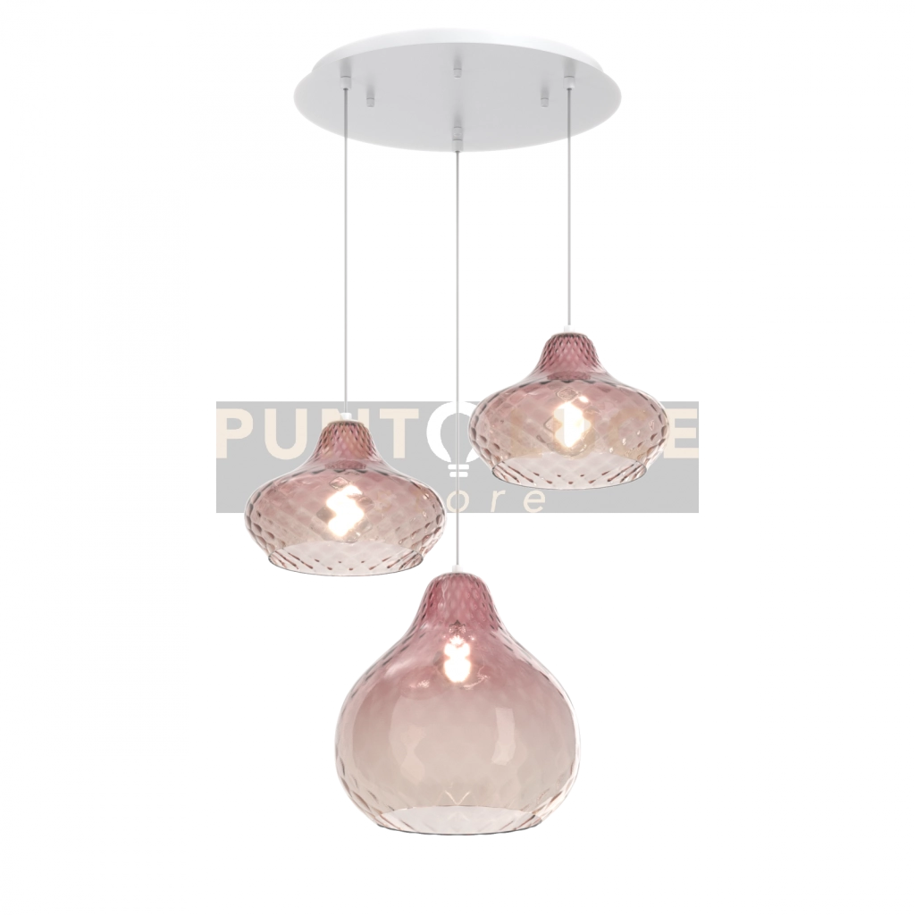 SOSPENSIONE OTTONE SATINATO 3 LUCI TONDA VETRI PICCOLI RUBINO 1191OS-S3 TP-RU