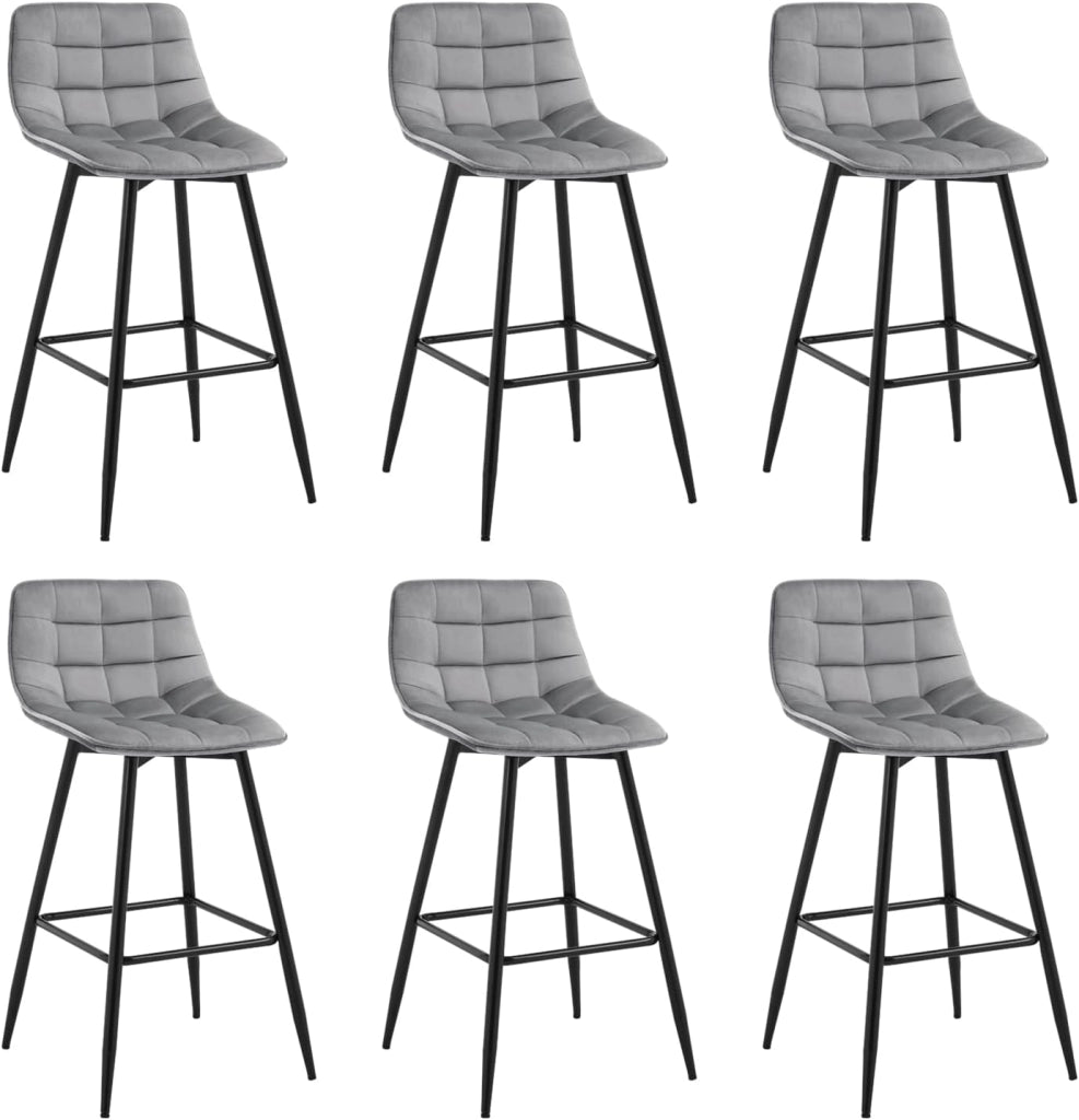 Set di 6 Sgabelli da Bar Moderni Sedia da Cucina con Schienale Poggiapiedi Rivestimento in Velluto Grigio Chiaro, Gambe in Metallo BH143hgr-6