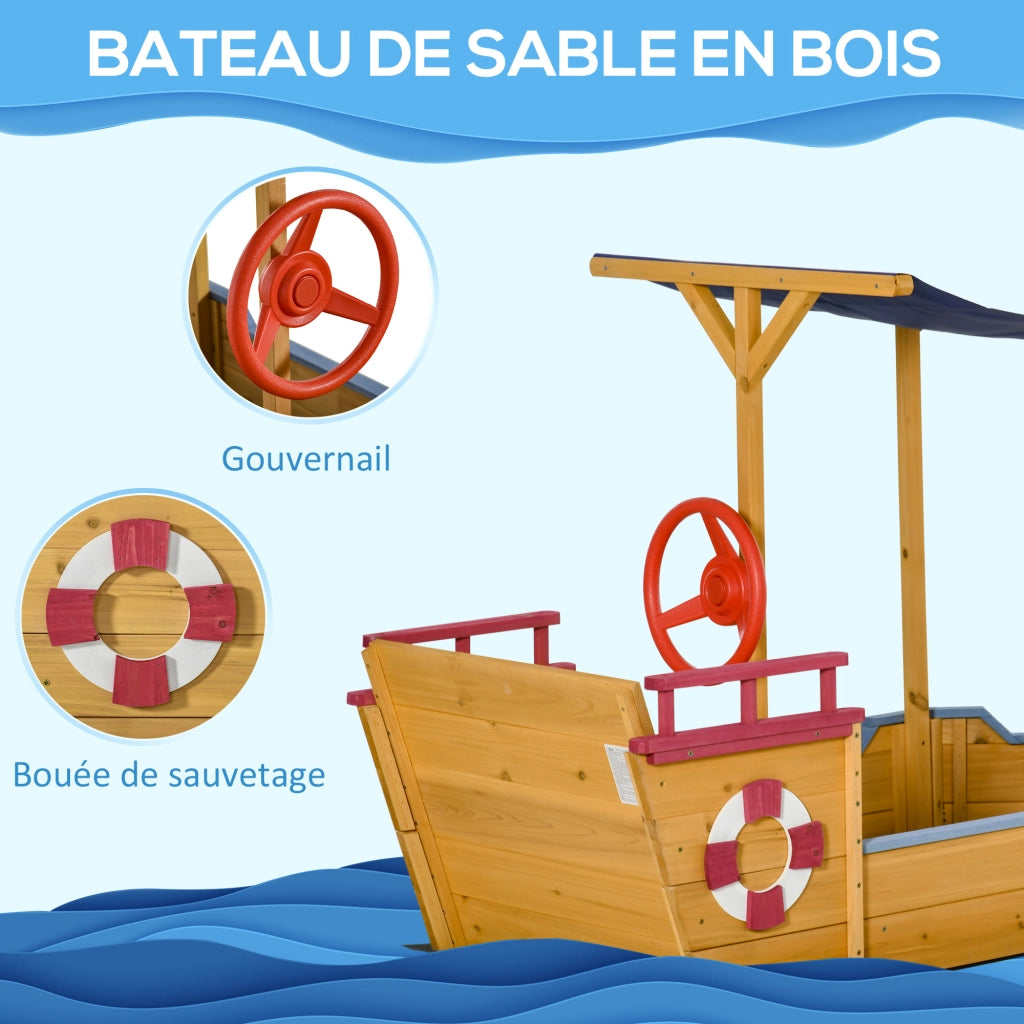 Casetta da giardino per bambini in legno a forma di barca pirata ¨C zephmum ¨C con vela ombreggiante, baule e timone
