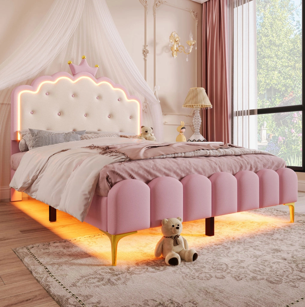 Letto imbottito principessa 140x200 cm rosa con LED