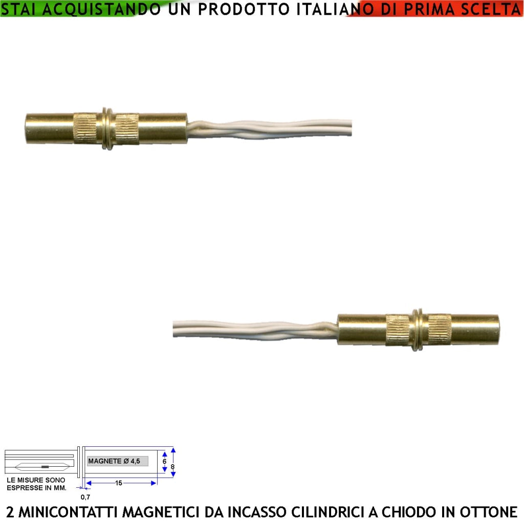 Contatto Magnetico Mini in Ottone da Incasso 2 Pezzi Antifurto Finestre Infissi Contatto Reed NC Sottovuoto Campo Attrazione 10 mm Tensione Max 100 V Carico Resistivo 1 A IP65 4 Fili NC e Tamper
