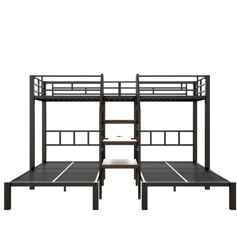 Letto a castello 3 posti con scrivania e luci LED ¨C Minimal ¨C nero metallo 90x200 cm