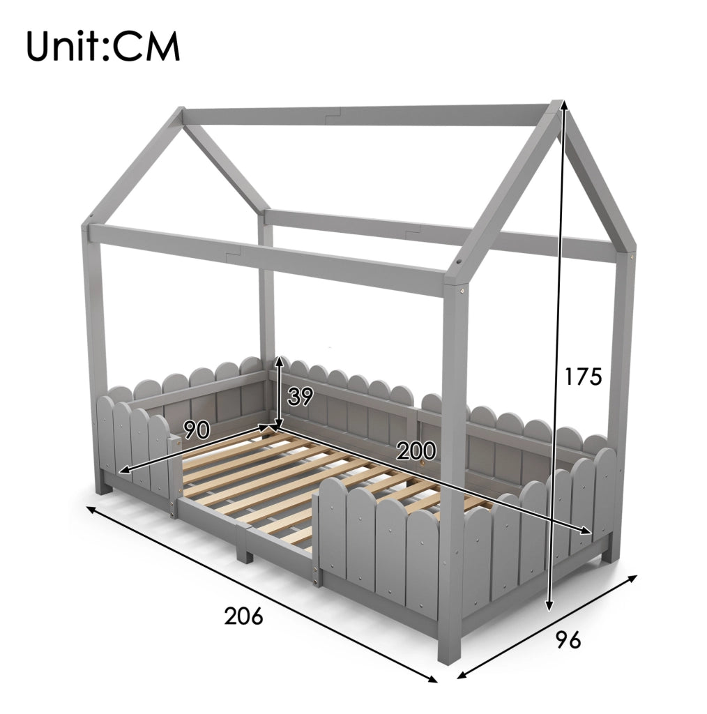 Letto a casetta per bambini 90x200 cm con barriera anticaduta e rete a doghe; in legno grigio