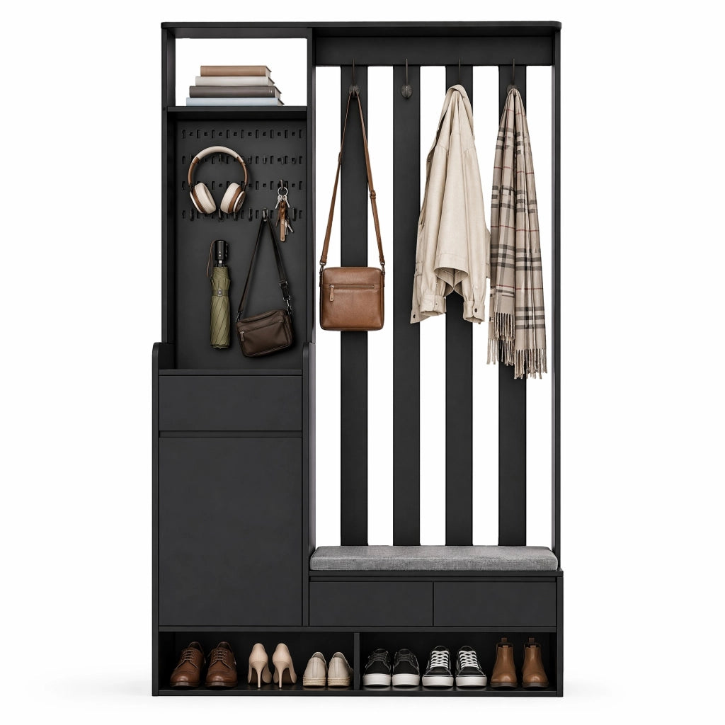 Guardaroba da ingresso multifunzionale con panca imbottita, pannello forato, 4 ganci e vani contenitore, nero, H180 x L100 x P35 cm