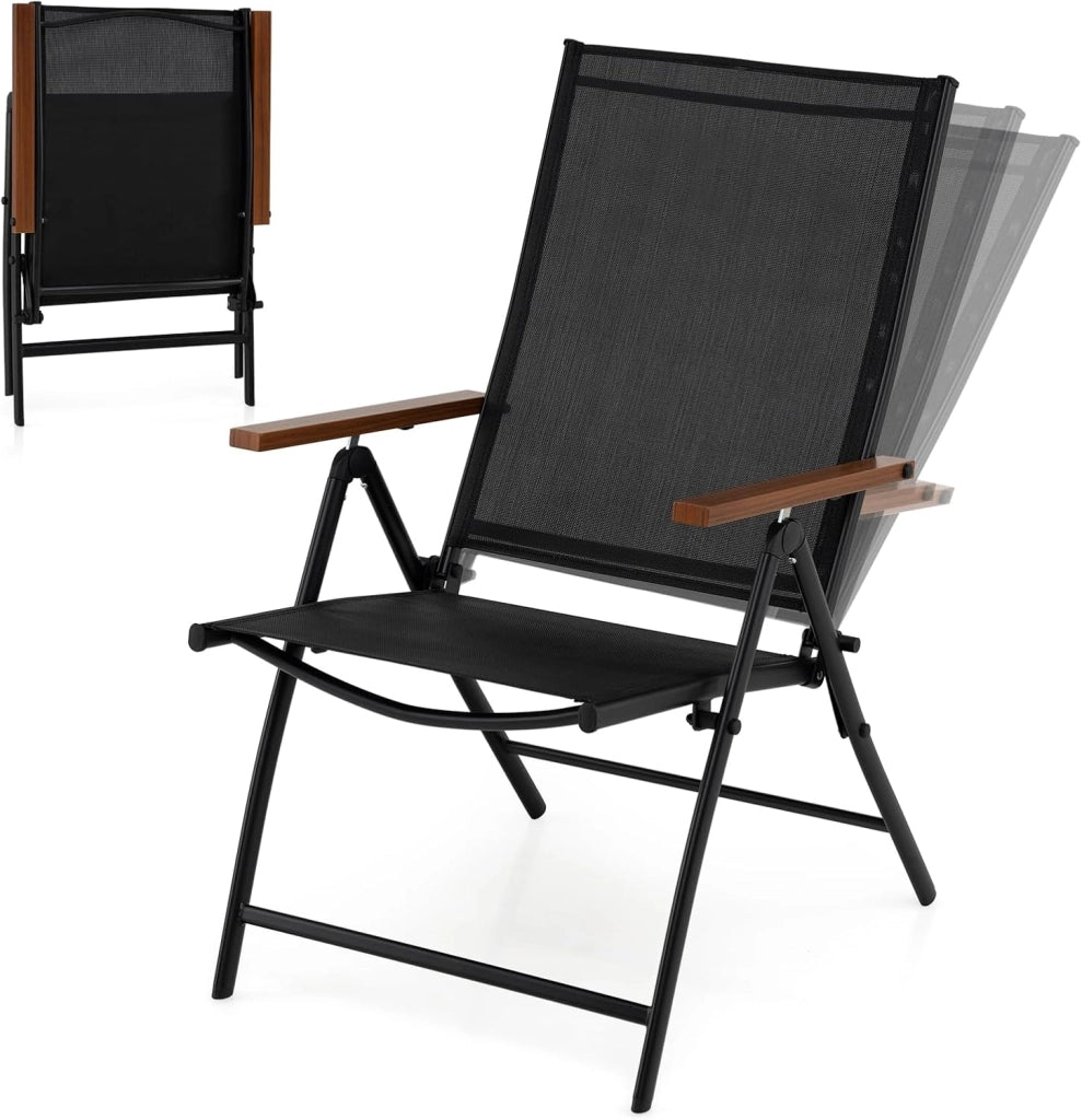 Set di 2/4 Sedie da Giardino Pieghevole, Struttura in Metallo, Poltrona in Tessuto Traspirante, Schienale Regolabile, per Balcone, Giardino, Terrazzo, Portata 150 kg (4,Nero)