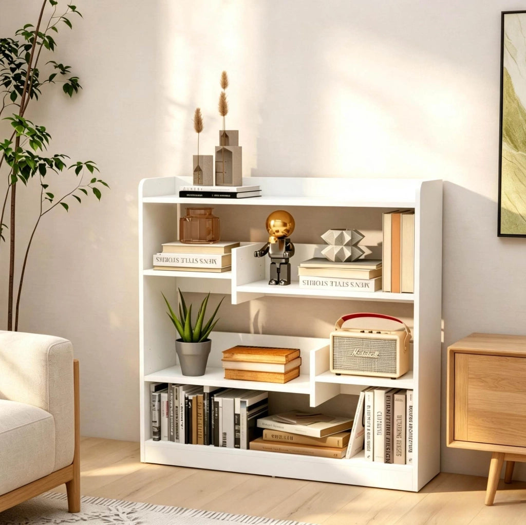 Libreria 90x24x91 cm in truciolare bianco, 4 livelli, salvaspazio –