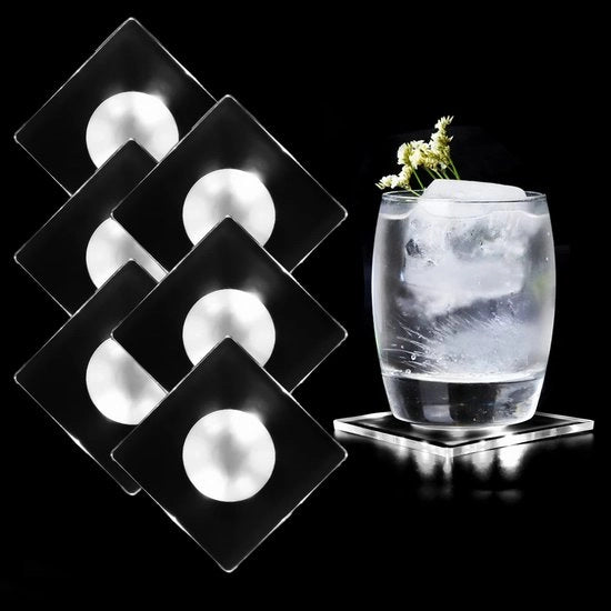 Set di 6 basi quadrati, LED, bianche, per bevande, con interruttore, basi acqua-resistenti che si illuminano per bicchieri, bottiglie, feste, matrimoni, bar, Natale