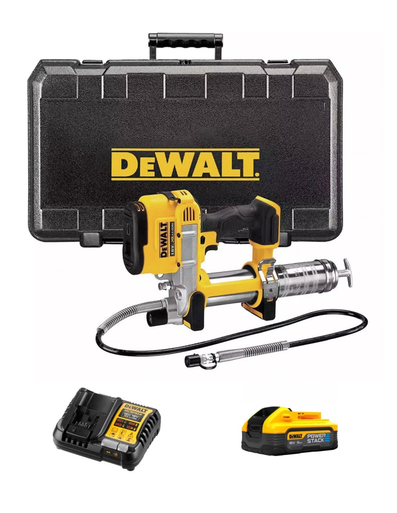 Pistola per il grasso DeWALT DCGG571H1K (1 x 5,0 Ah Powerstack + DCB1104 + Maletín de transporte)