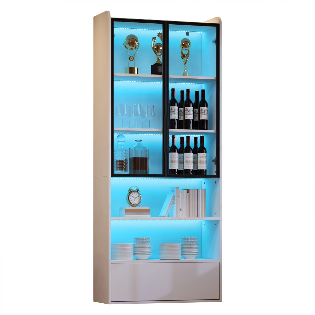 Vetrina alta con LED e cassetto; 80 x 34 x 180 cm; MDF bianco e vetro