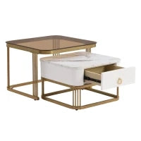 Set di Tavolini da Salotto Impilabili in Marmo Lucido e Vetro con Dettagli Dorati e Cassetti, 60x60x42,5 cm + 50x50x34 cm, Bianco