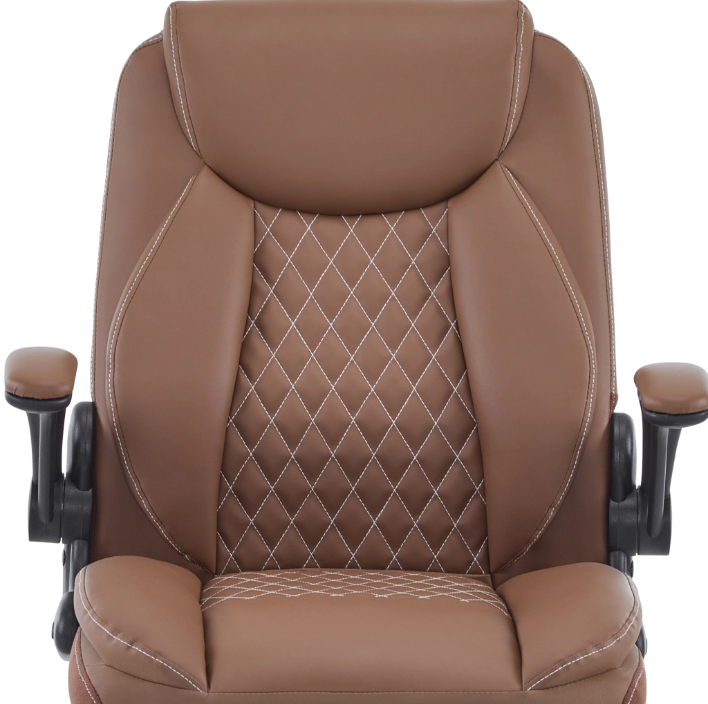 Sedia da ufficio ergonomica con supporto lombare; braccioli ribaltabili e seduta imbottita; marrone