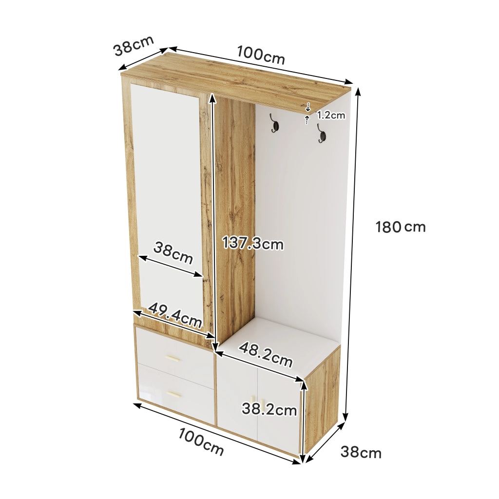 Mobile Ingresso con Specchio; Panca Scarpiera e Armadio Scarpiera con Barra Estraibile; 2 Ganci; Stile Moderno; in Truciolare; 100??38??180 cm; Bianco Naturale