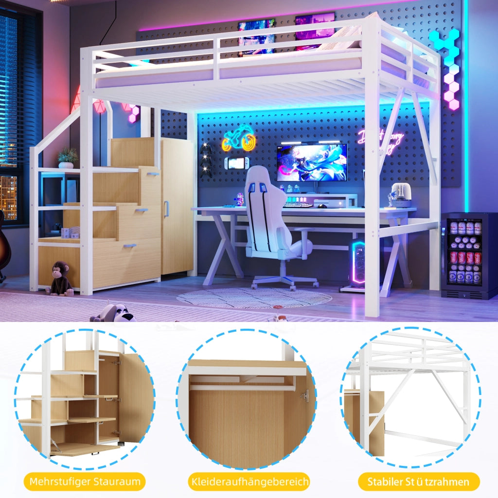 Letto a soppalco 140 × 200 cm con 3 vani contenitore, armadio, LED, senza materasso, bianco