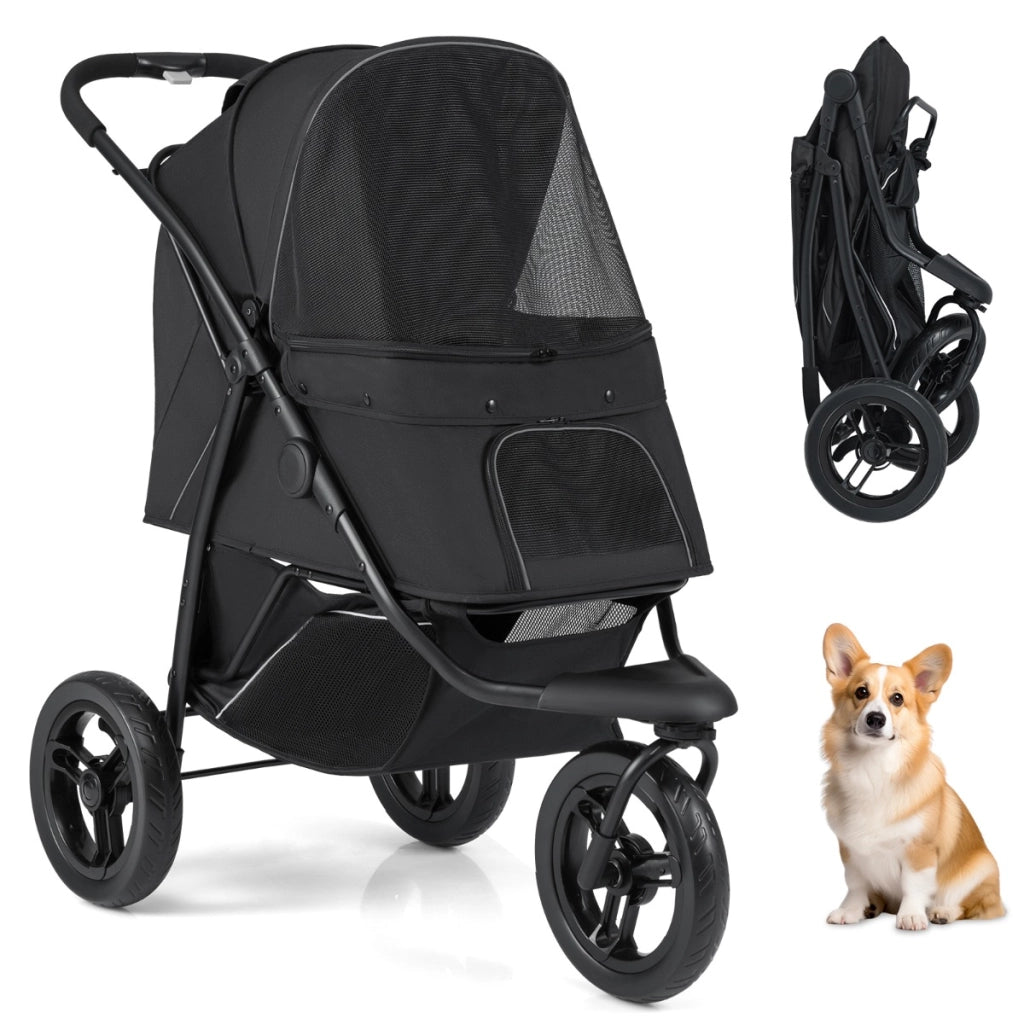 Passeggino a 3 ruote per cani piccoli e medi pieghevole per gatti, Passegginocon freno a pedale singolo Nero-Giochi e accessori per cani