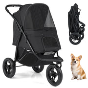Passeggino a 3 ruote per cani piccoli e medi pieghevole per gatti, Passegginocon freno a pedale singolo Nero-Giochi e accessori per cani