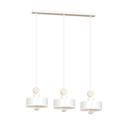 Lampadario 3 Luci Zhurong In Acciaio Bianco E Paralumi Con Legno Naturale