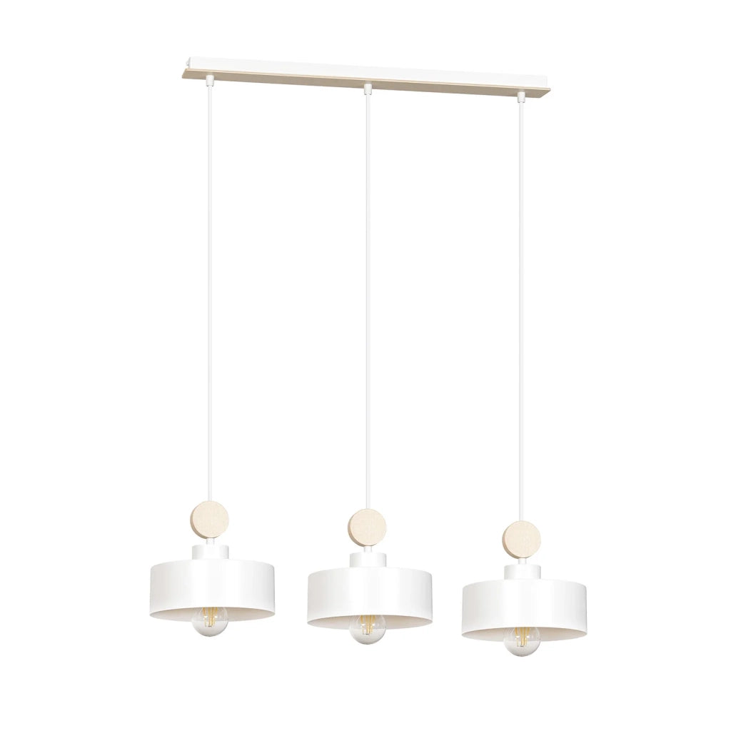 Lampadario 3 Luci Zhurong In Acciaio Bianco E Paralumi Con Legno Naturale