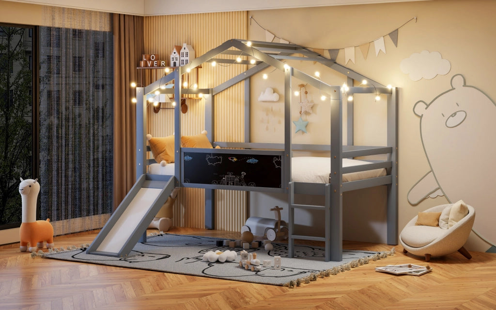 Letto a soppalco per bambini 90x200 cm con scivolo grigio