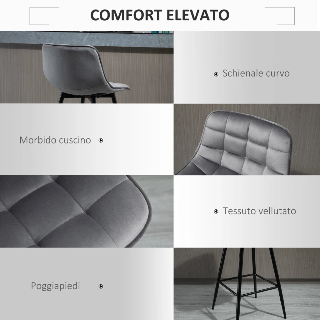 EasyComfort Set 2 Sgabelli Alti da Bar con Sedie Imbottite e Poggiapiedi Stile Nordico, con schienale in Velluto, 45x47x88cm, Grigio