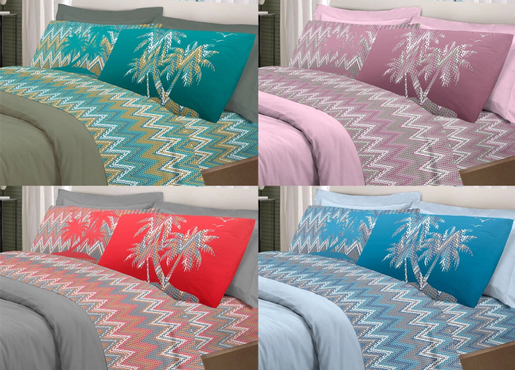 Completo Lenzuola Letto Pensieri Delicati 100% Cotone Dis. Palme Spinato - Matrimoniale - Azzurro