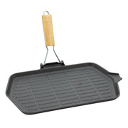 Set di 6 Bistechiere In Ghisa Rettangolare Cm 36x22 Manico Pieghevole Inserto Legno
