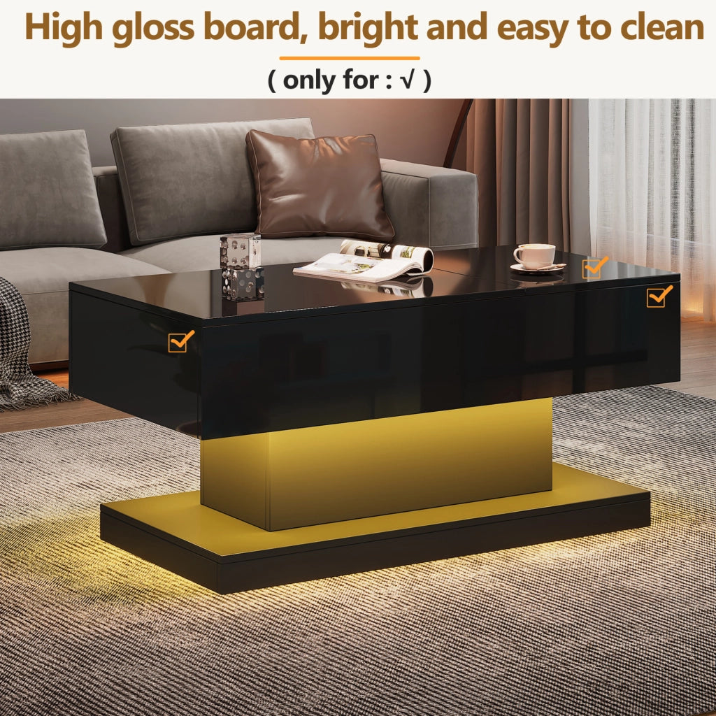 Tavolino da caffè con piano sollevabile idraulico e scorrevole; LED; 100x50x45 cm; nero