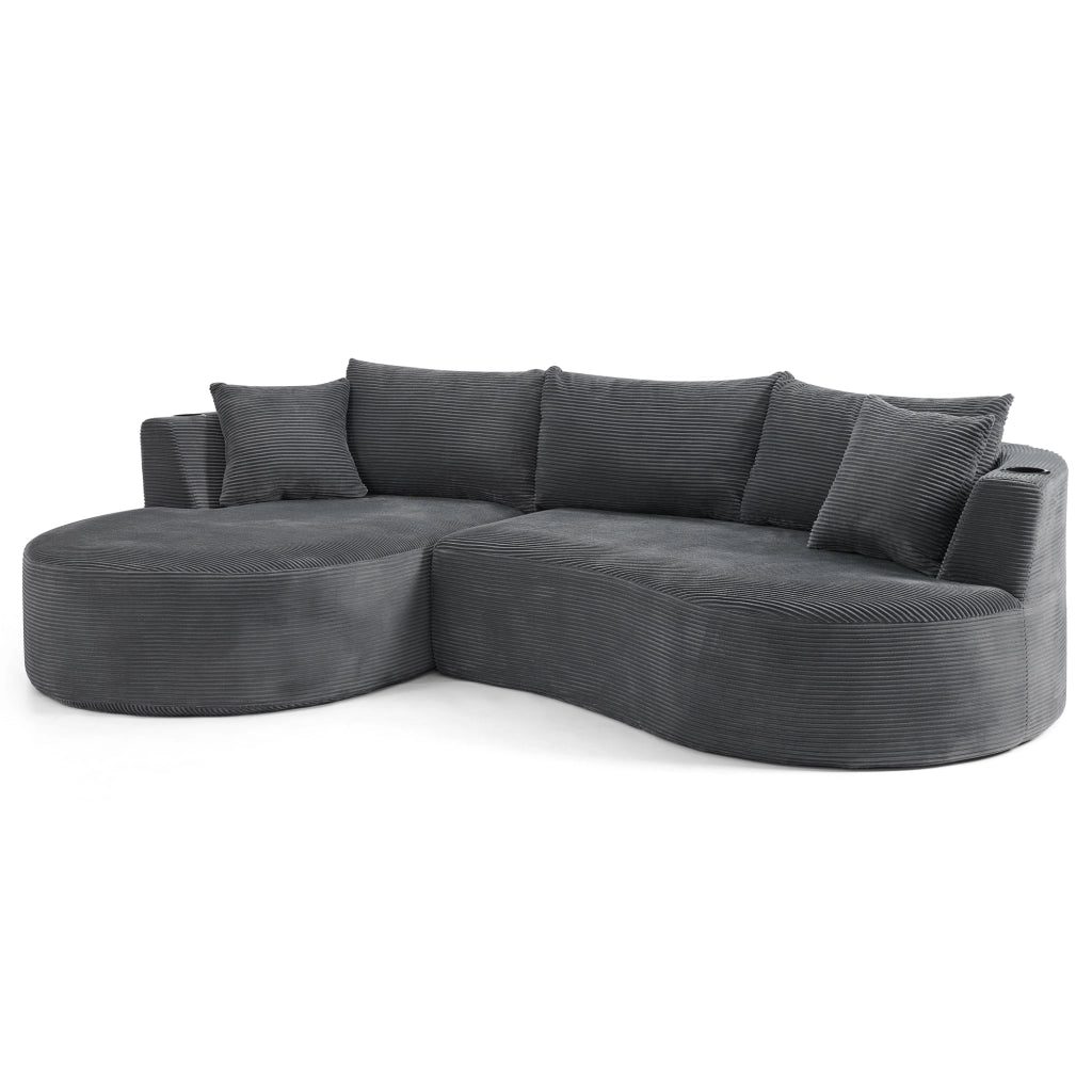 Divano 3 Posti con Chaise Longue Sinistra ¨C MINIMAL ¨C Tessuto a Coste, Grigio, con Cuscini e Portabicchieri