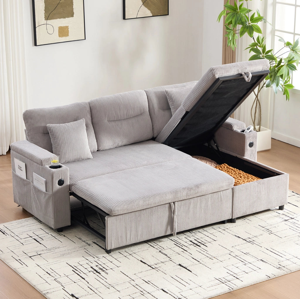 Divano 3 posti con chaise longue idraulica e letto estraibile 212;5x136x86 cm in cord grigio chiaro