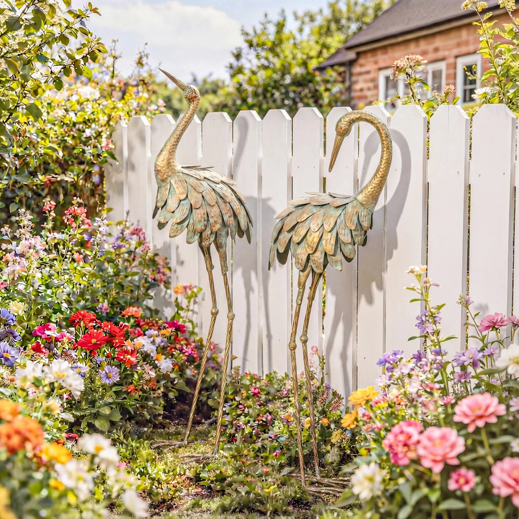 Set 2 Statue da Giardino Aironi in Metallo 91/95cm, Sculture Decorative da Esterno per Terrazza e Prato, Oro e Blu