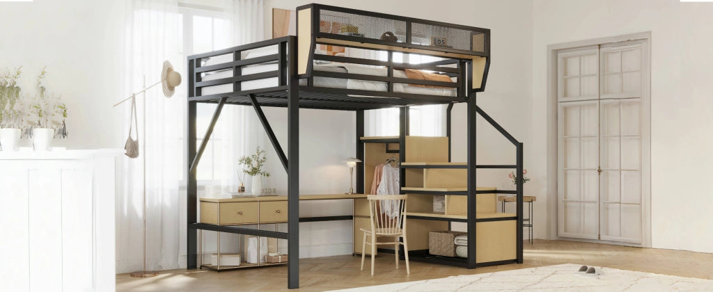 DESMIU Letto a soppalco 140 × 200 cm 2 posti con scala di sicurezza e ripiano rimovibile, senza materasso, nero