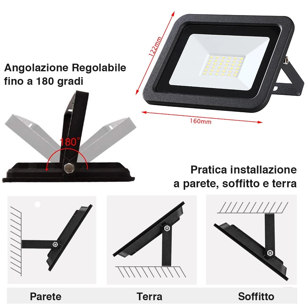Faro LED 30W 2550LM IP65 Faretto Esterno Slim Luce Bianco Freddo 6500K Alta Luminosità