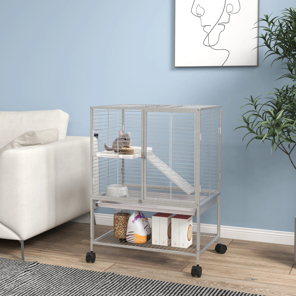 Gabbia per piccoli animali 2 livelli con ruote ¨C zephmum ¨C grigio 61.5x44.5x86 cm