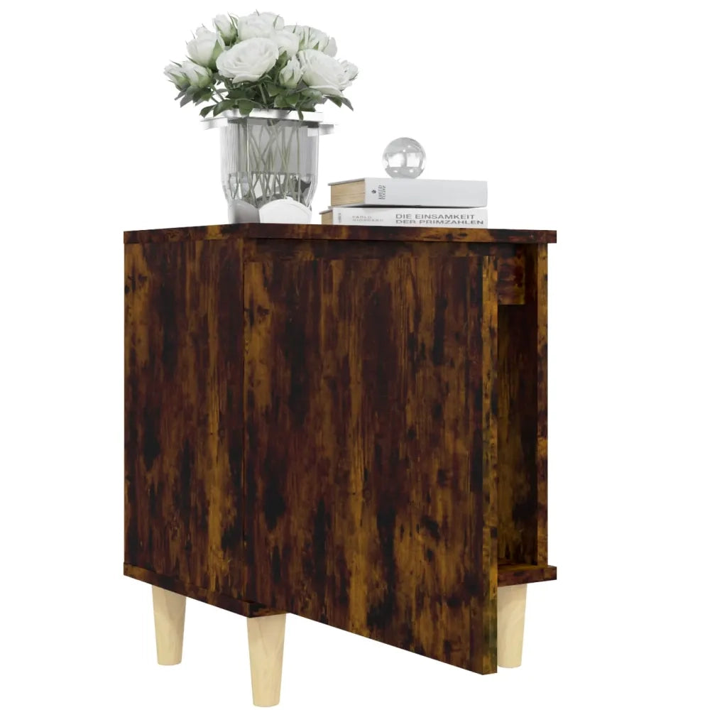 Comodino con Gambe in Legno Massello Rovere Fumo 40x35x50 cm 813110