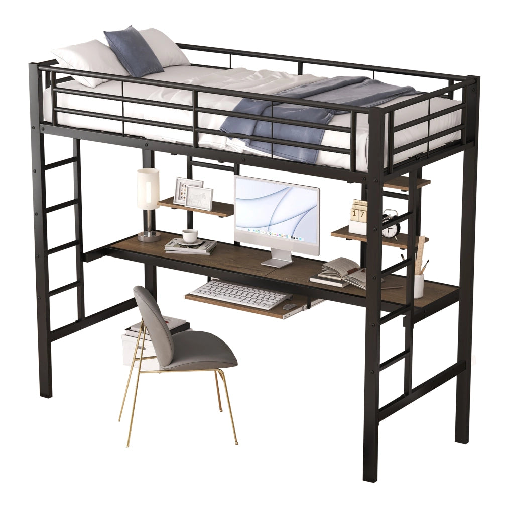 Letto a soppalco 90x200 cm nero in metallo con scrivania e 2 librerie